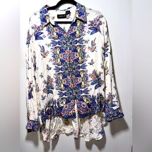 EUC LOLA P. Anthropologie Brand Buttondown Hi-Lo Boho Floral Blouse - large
